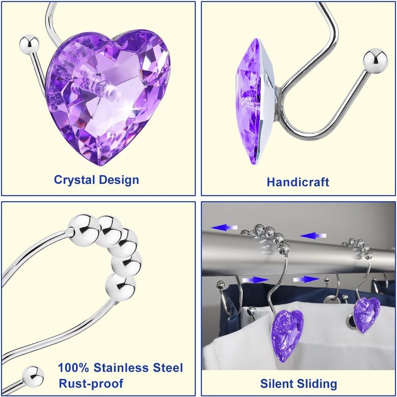 Yapicoco Shower Curtain Hooks Rings for Bathroom, 12PCS Heart Stainless Steel Rust Resistant Decorative Rhinestones Shower Curtain Rings Hangers for Shower Curtains (Double Hook Purple) - Image 3